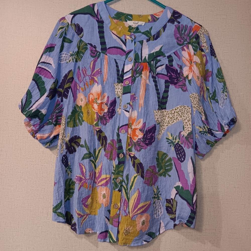 Easel Periwinkle Blue Tropical Floral & Leopard-Print Button Front Blouse